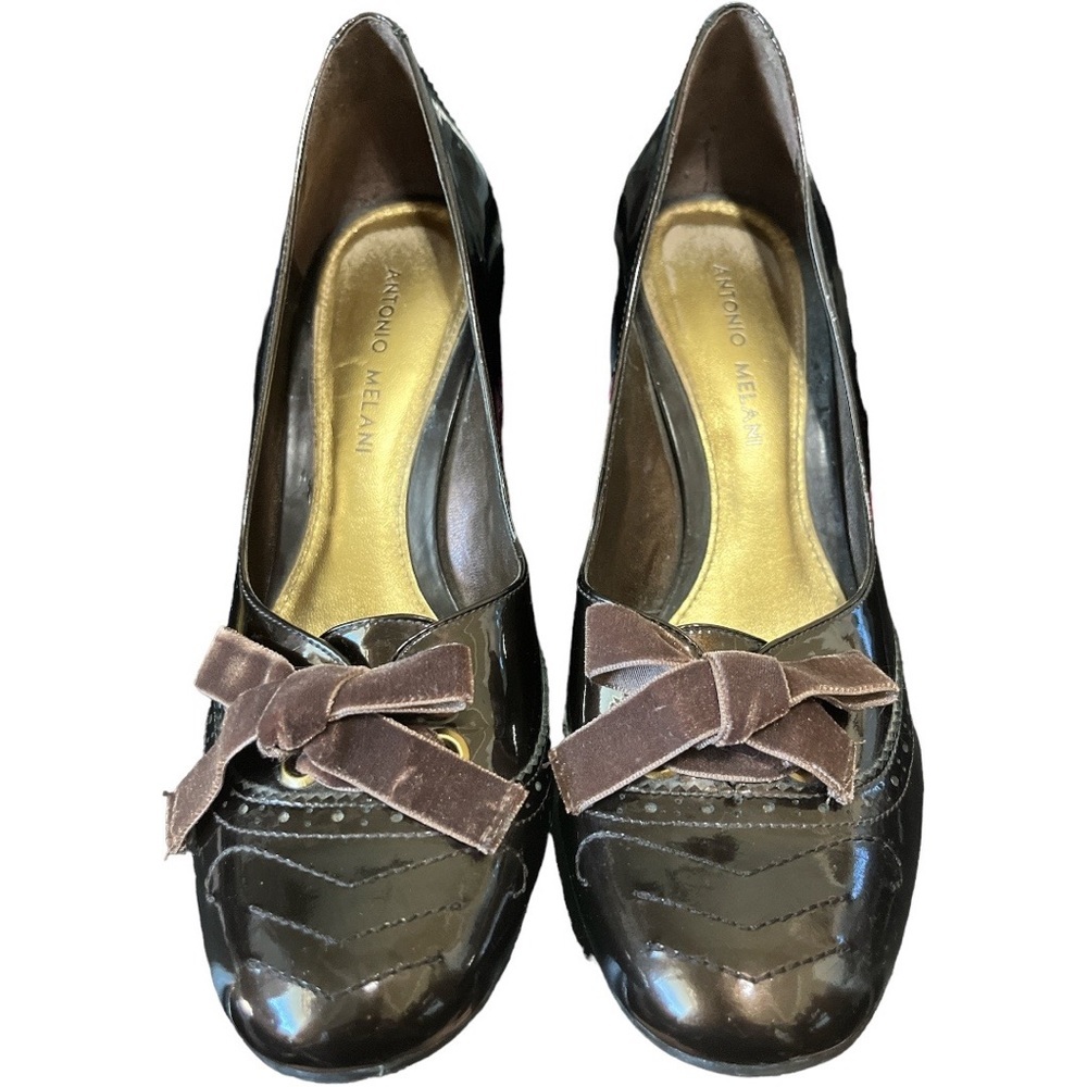 Antonio Melani Brown Patent‎ Leather Velvet Bow Steampunk Heels 8.5